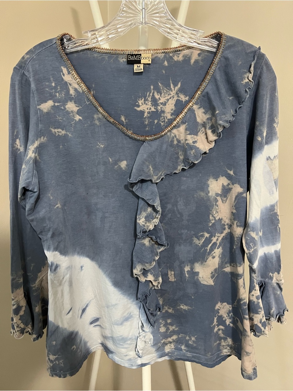BAMBOO Blue Tie-Dye Ruffle Long Sleeve Top